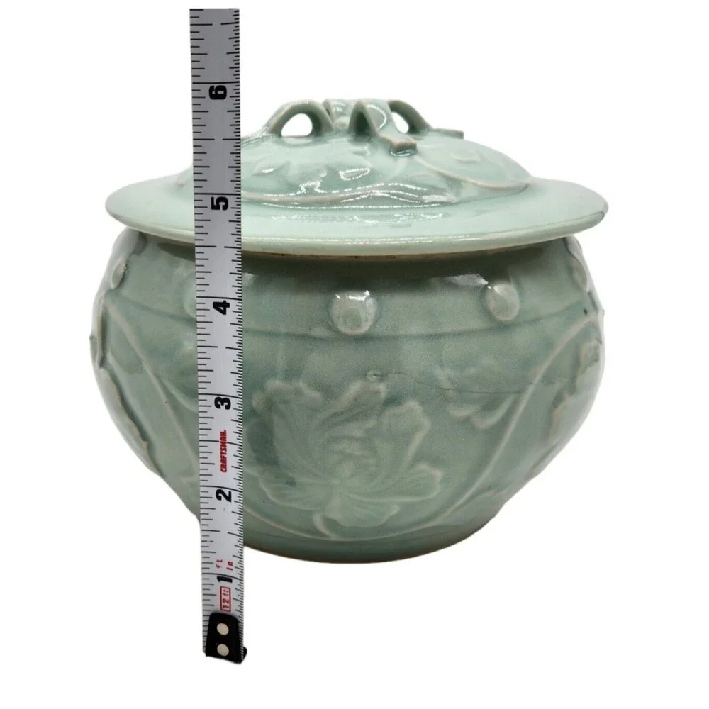 Vintage Handmade Celadon Tureen Covered Serving Bowl Dimensional